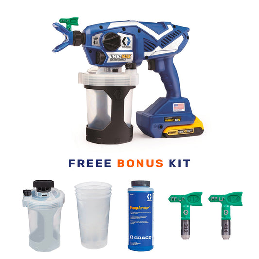 Graco Ultra Max Handheld 17N225 with Free Bonus Pack Included. 1.2L Cup Assembly, 1.2L FlexLiners, 950ml Pump Armour, FFLP12 Spray Tip and FFLP414 Spray tip included in the bonus pack